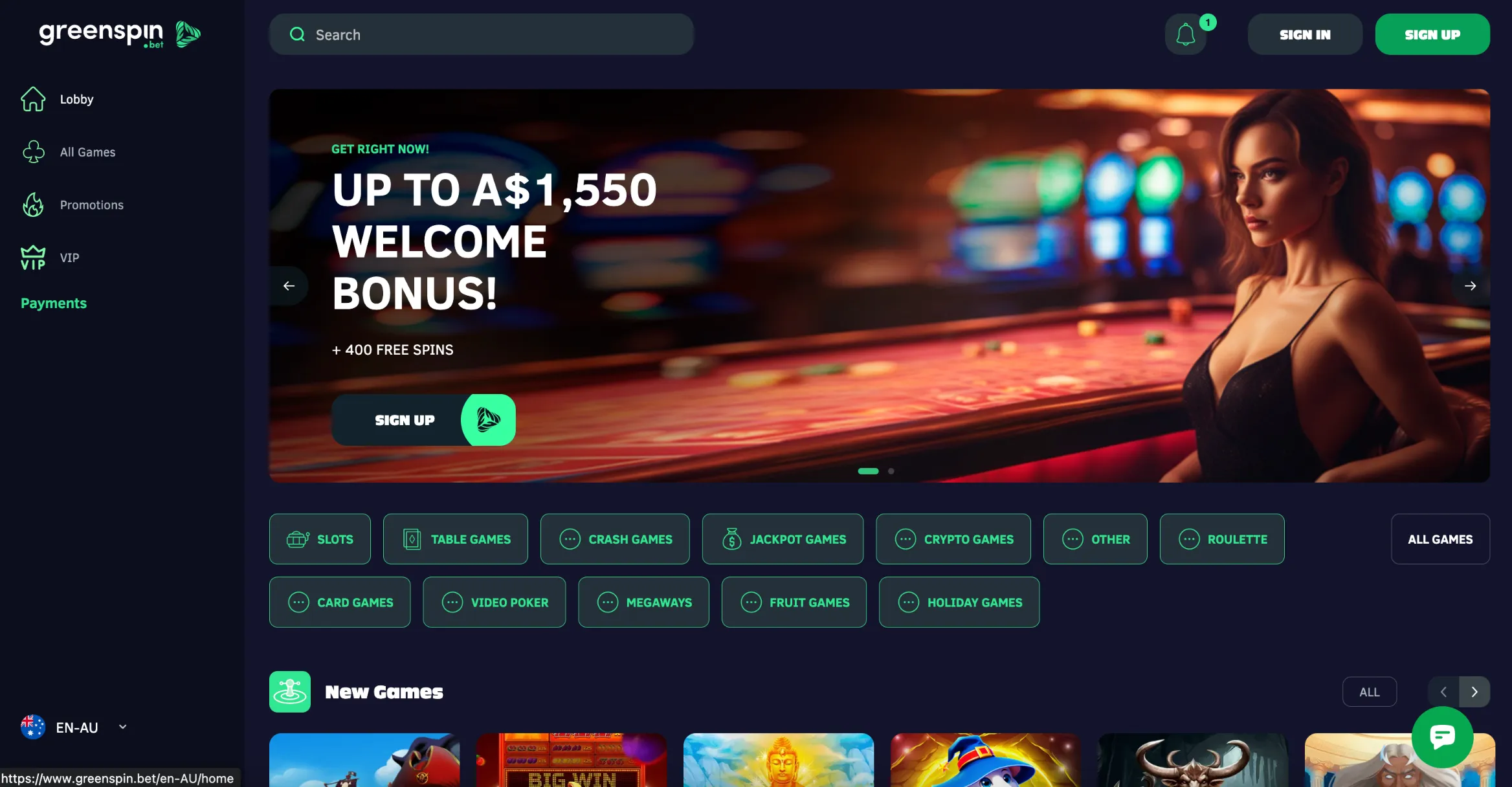 Screenshot of GreenSpin Casino in Australia