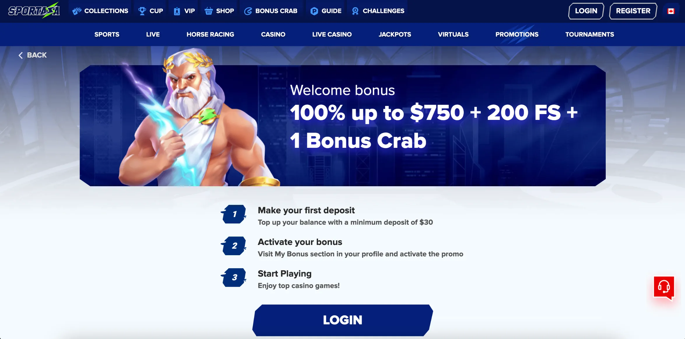 Screenshot of Sportaza Casino in Canada