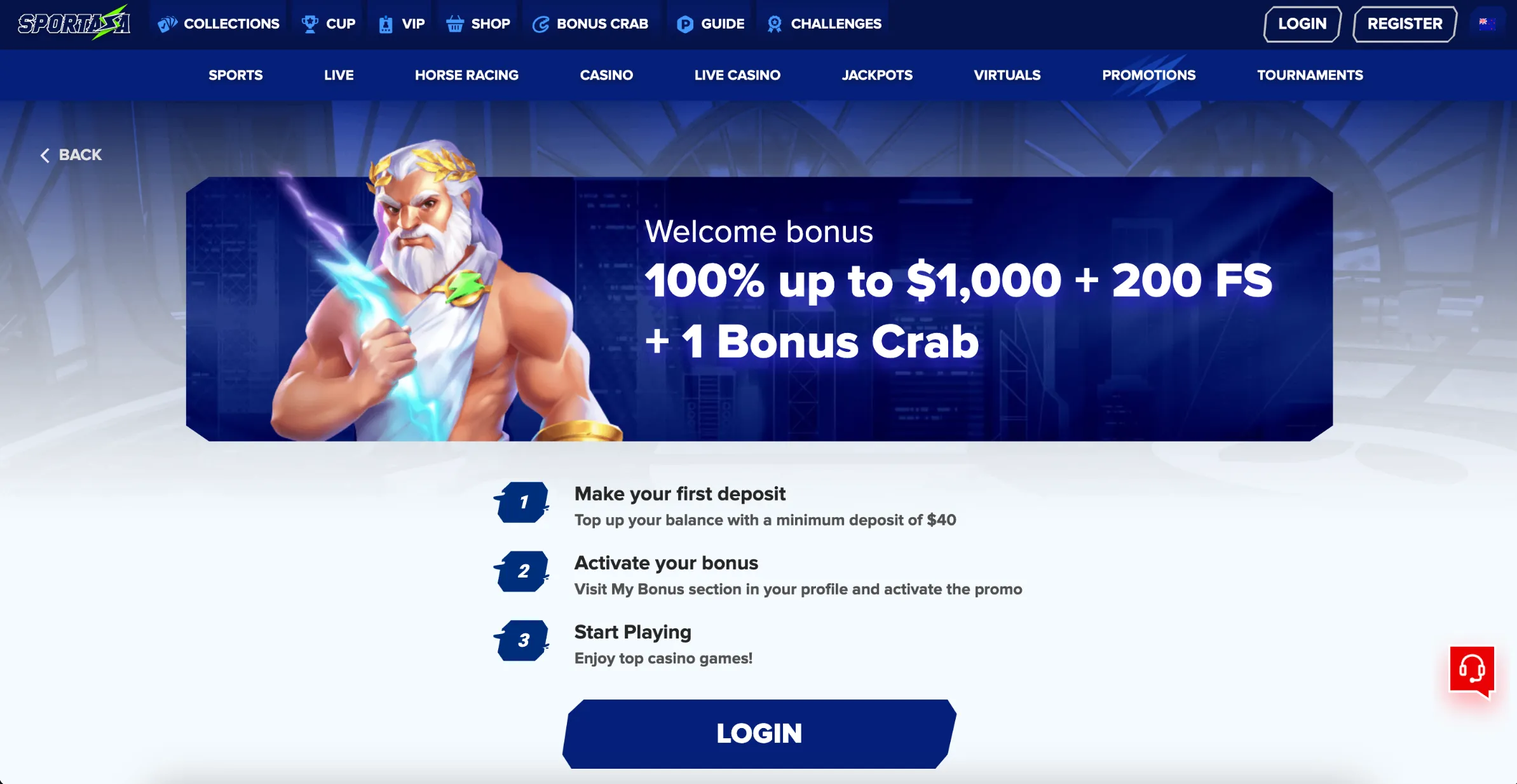 Screenshot of Sportaza Casino in New Zealand