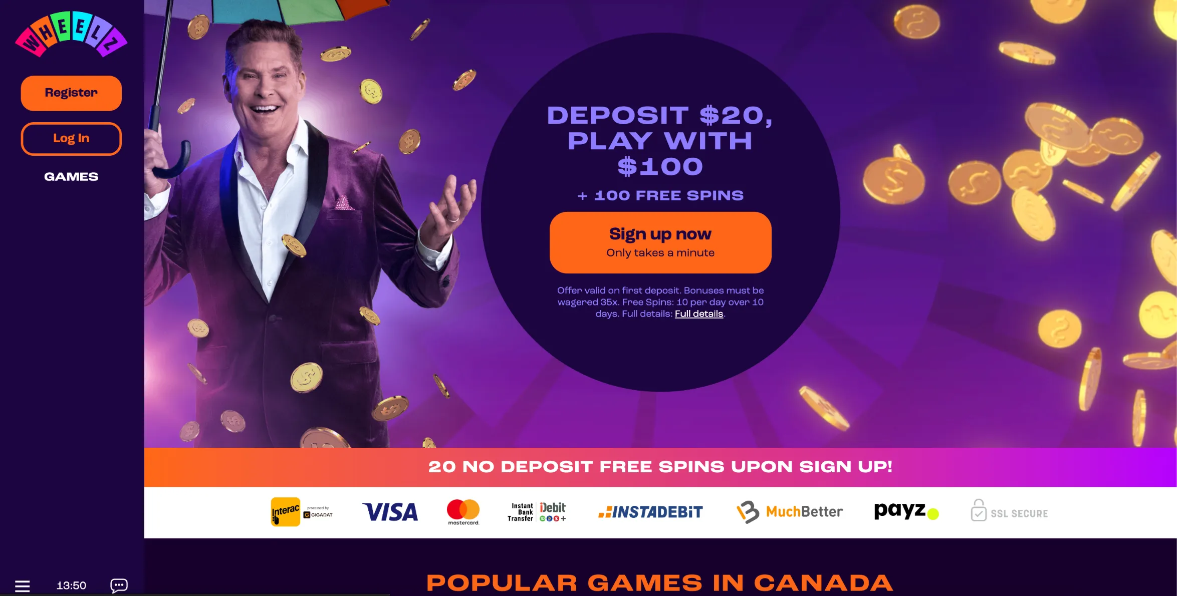 Screenshot of Wheelz Casino in Canada